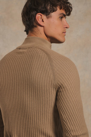 Textured Knitted Half Zip Neck Jumper in Camel
