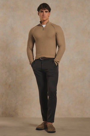 Textured Knitted Half Zip Neck Jumper in Camel