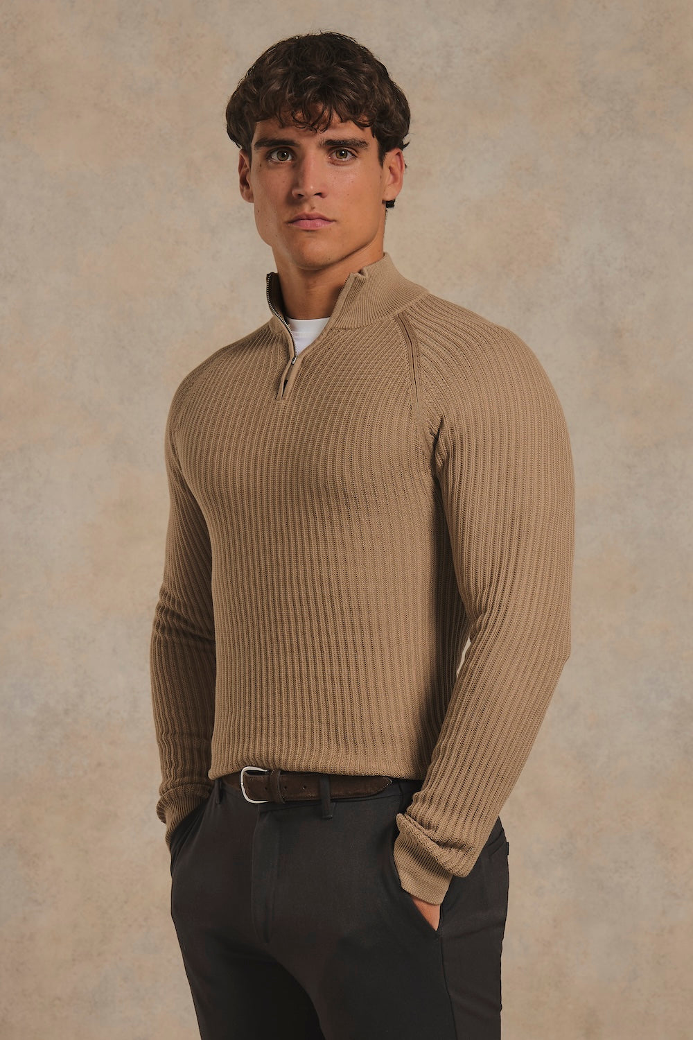 Textured Knitted Half Zip Neck Jumper in Camel
