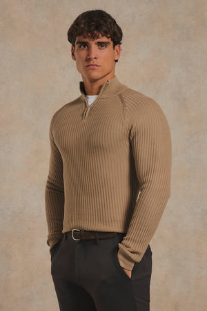 Textured Knitted Half Zip Neck Jumper in Camel