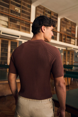 Textured Knitted Open Collar Polo Shirt in Brick