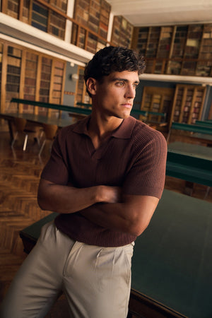 Textured Knitted Open Collar Polo Shirt in Brick