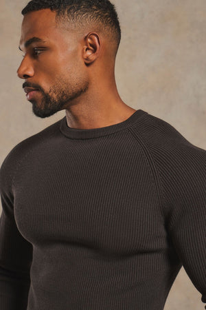 Pure Cotton Knitted Textured Crew Neck Jumper in Chocolate