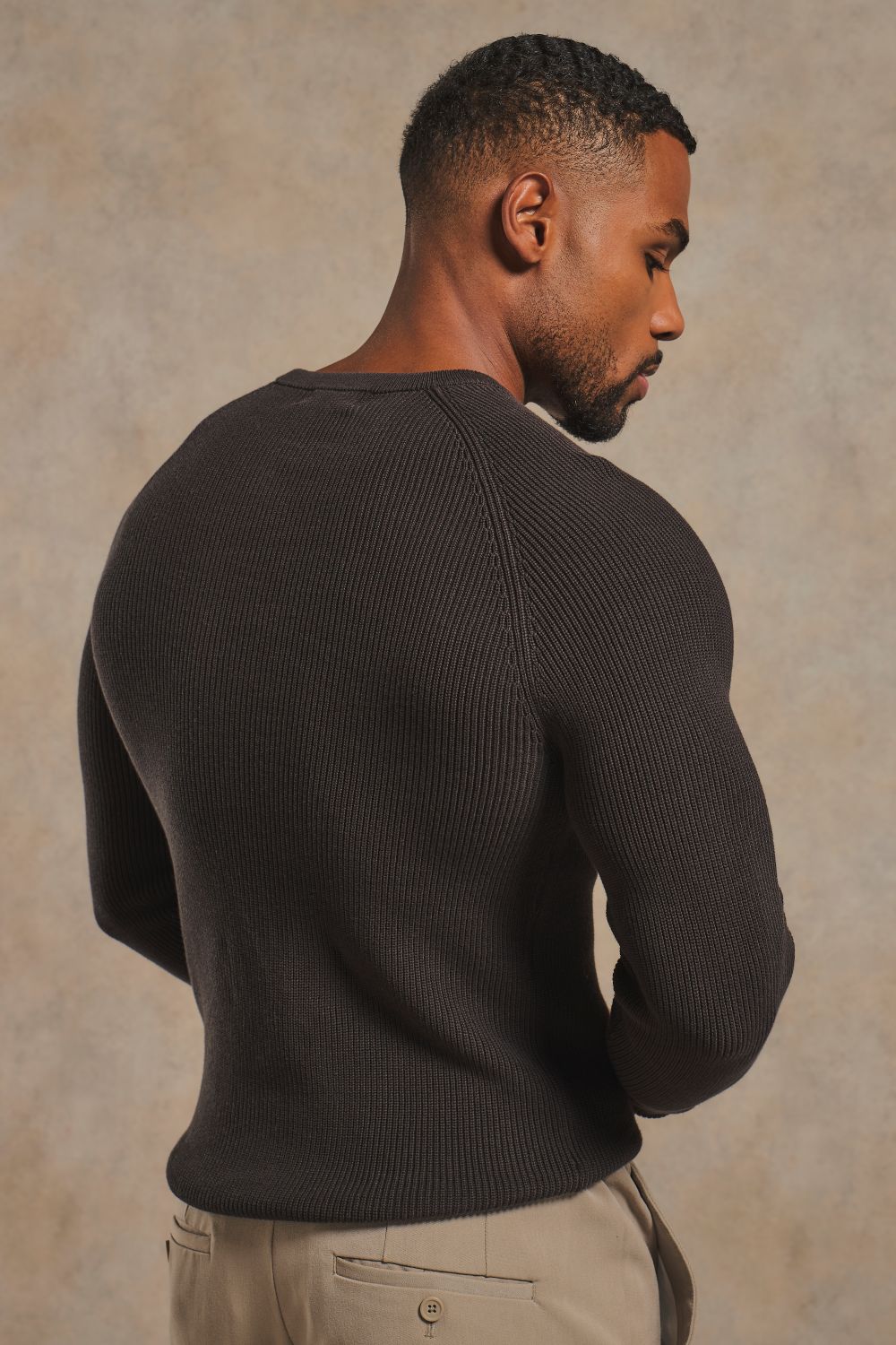 Pure Cotton Knitted Textured Crew Neck Jumper in Chocolate