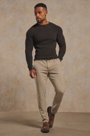 Pure Cotton Knitted Textured Crew Neck Jumper in Chocolate