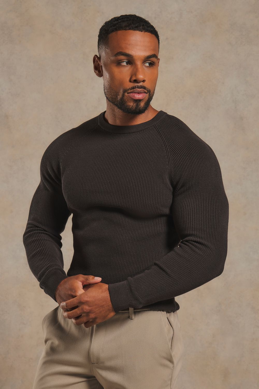 Pure Cotton Knitted Textured Crew Neck Jumper in Chocolate