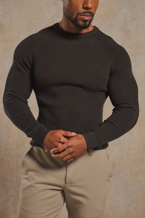 Pure Cotton Knitted Textured Crew Neck Jumper in Chocolate