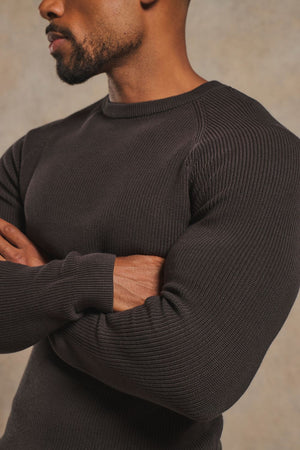 Pure Cotton Knitted Textured Crew Neck Jumper in Chocolate