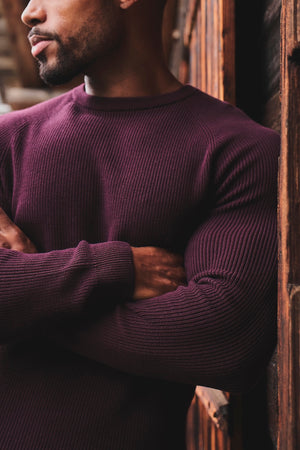 Pure Cotton Knitted Textured Crew Neck Jumper in Dark Bordeaux