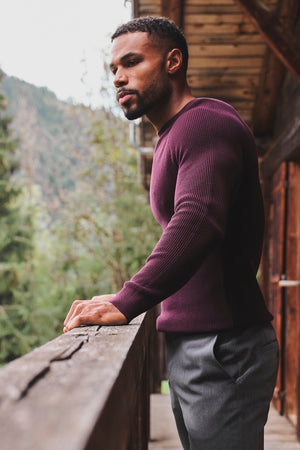 Pure Cotton Knitted Textured Crew Neck Jumper in Dark Bordeaux