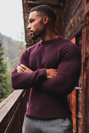 Pure Cotton Knitted Textured Crew Neck Jumper in Dark Bordeaux