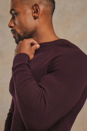Pure Cotton Knitted Textured Crew Neck Jumper in Dark Bordeaux