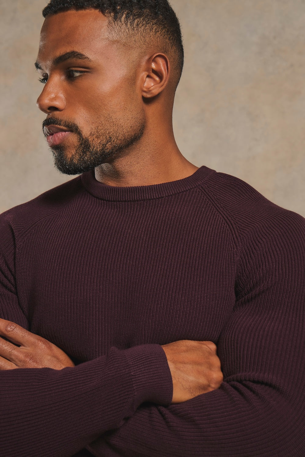 Pure Cotton Knitted Textured Crew Neck Jumper in Dark Bordeaux