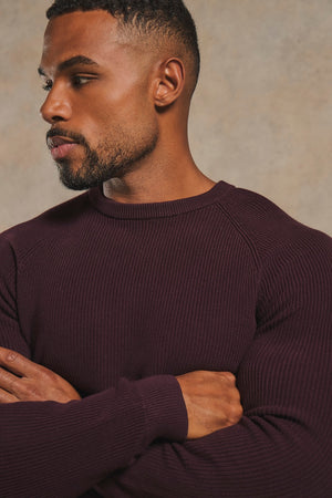 Pure Cotton Knitted Textured Crew Neck Jumper in Dark Bordeaux