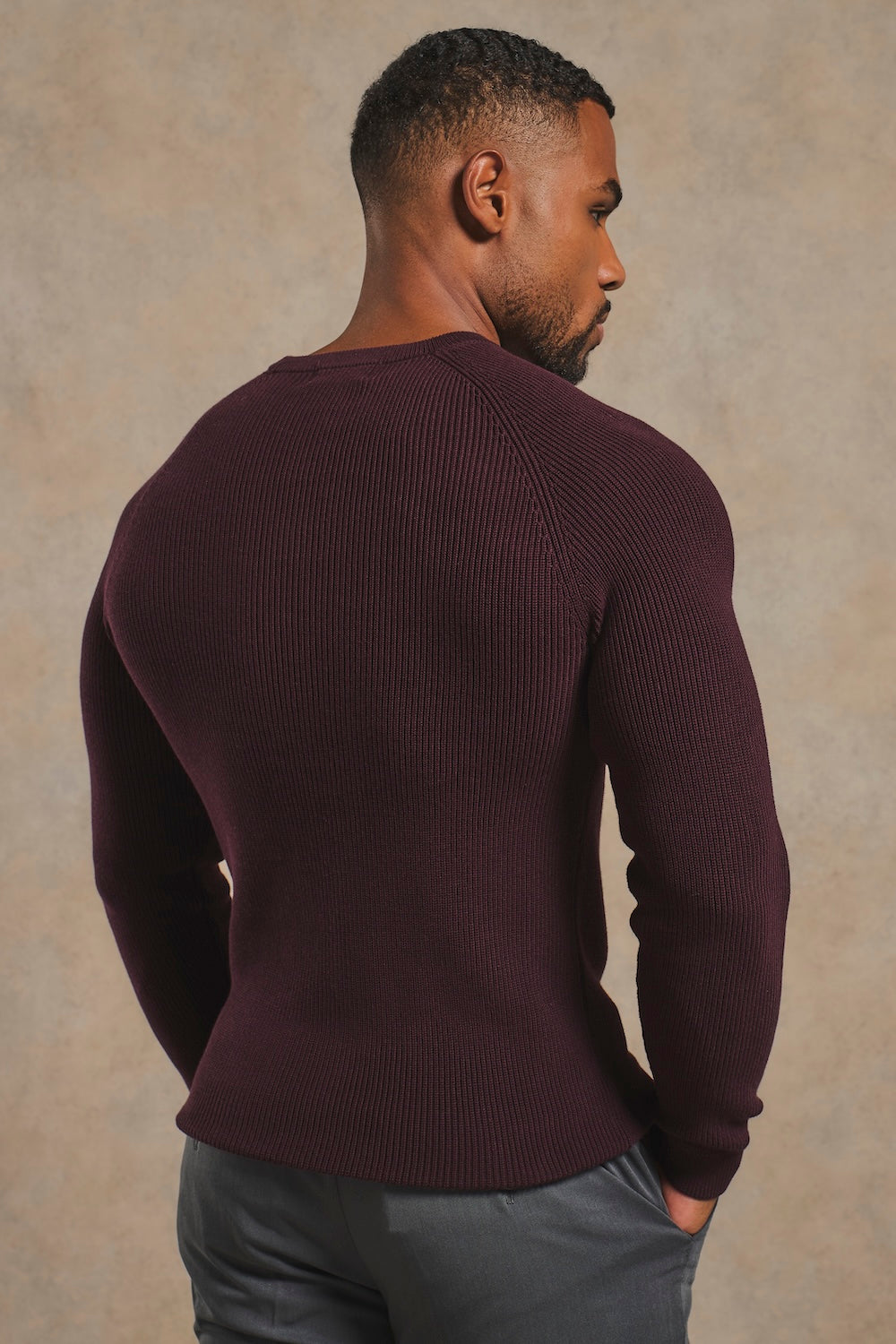 Pure Cotton Knitted Textured Crew Neck Jumper in Dark Bordeaux