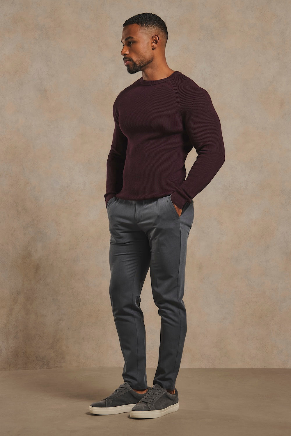 Pure Cotton Knitted Textured Crew Neck Jumper in Dark Bordeaux