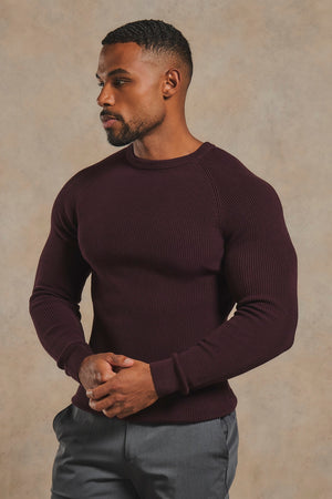 Pure Cotton Knitted Textured Crew Neck Jumper in Dark Bordeaux