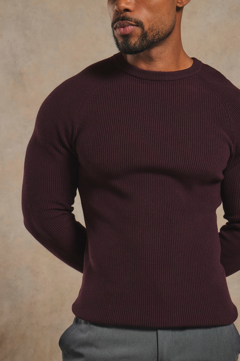 Pure Cotton Knitted Textured Crew Neck Jumper in Dark Bordeaux