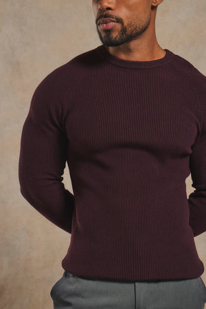 Pure Cotton Knitted Textured Crew Neck Jumper in Dark Bordeaux