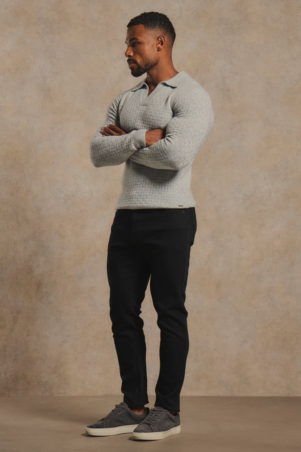 Merino Wool Textured Open Collar Polo Shirt in Soft Grey