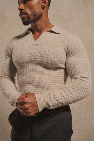 Merino Wool Textured Open Collar Polo Shirt in Neutral