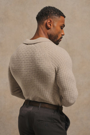Merino Wool Textured Open Collar Polo Shirt in Neutral
