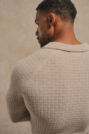 Merino Wool Textured Open Collar Polo Shirt in Neutral