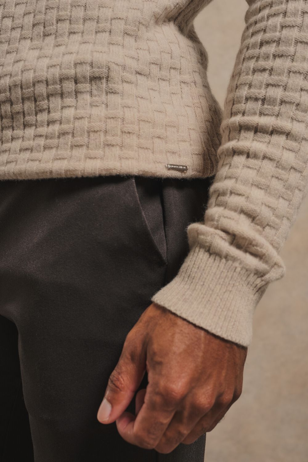 Merino Wool Textured Open Collar Polo Shirt in Neutral