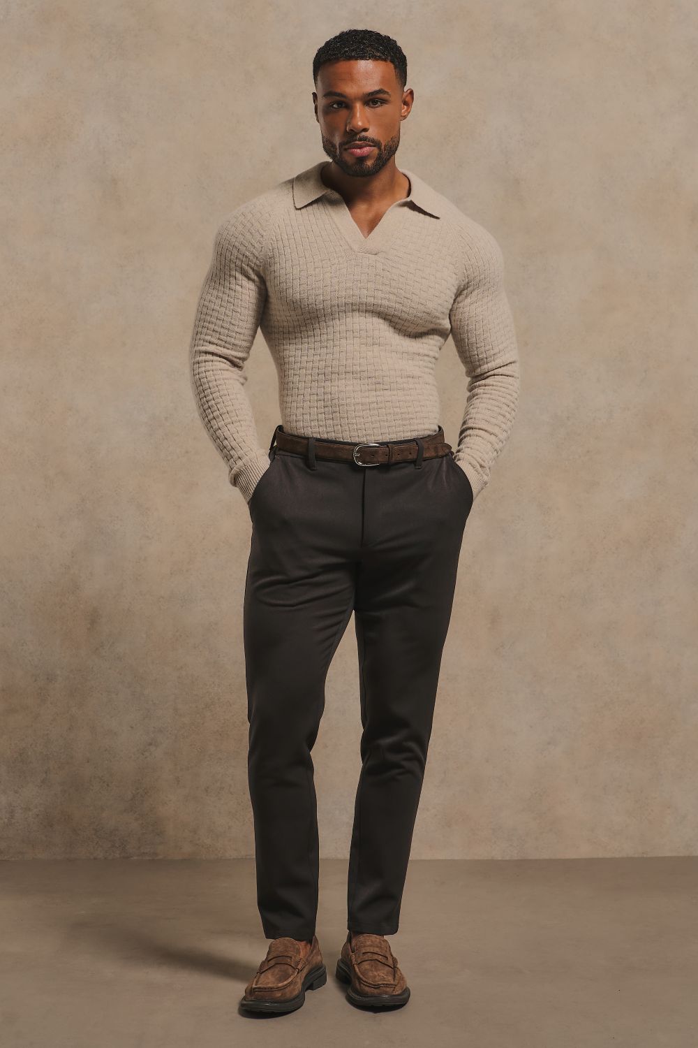 Merino Wool Textured Open Collar Polo Shirt in Neutral