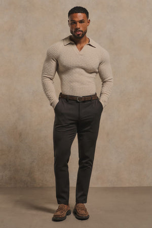 Merino Wool Textured Open Collar Polo Shirt in Neutral