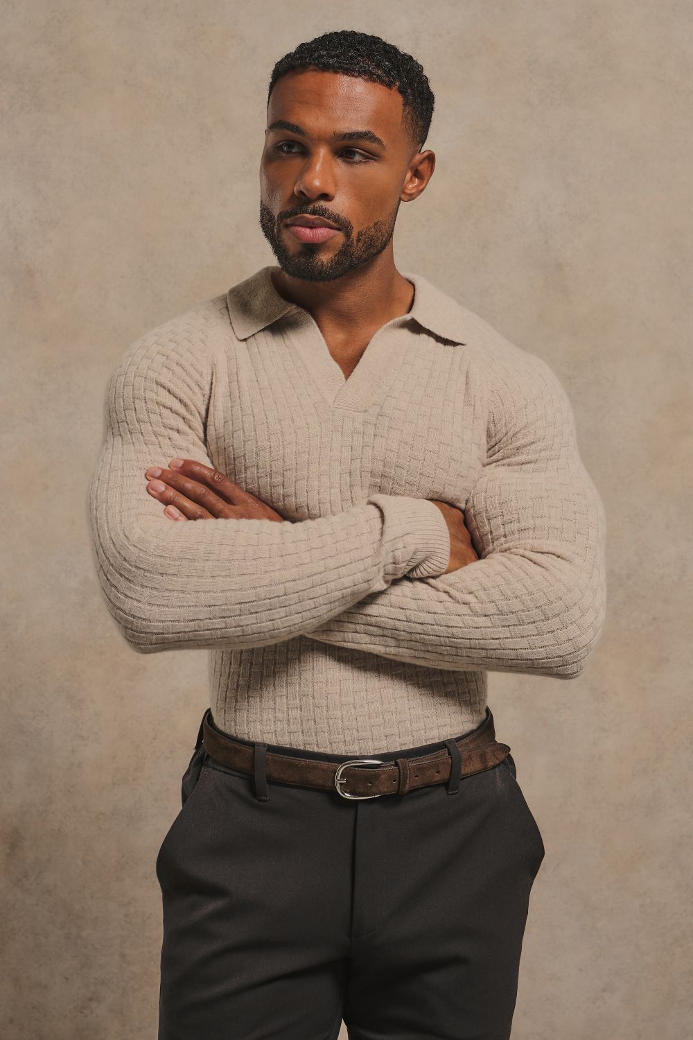 Merino Wool Textured Open Collar Polo Shirt in Neutral