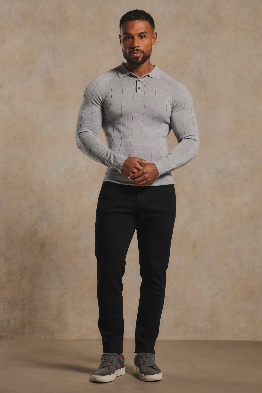 Extra Fine Merino Wool Wide Ribbed Polo Shirt in Silver Grey Marl