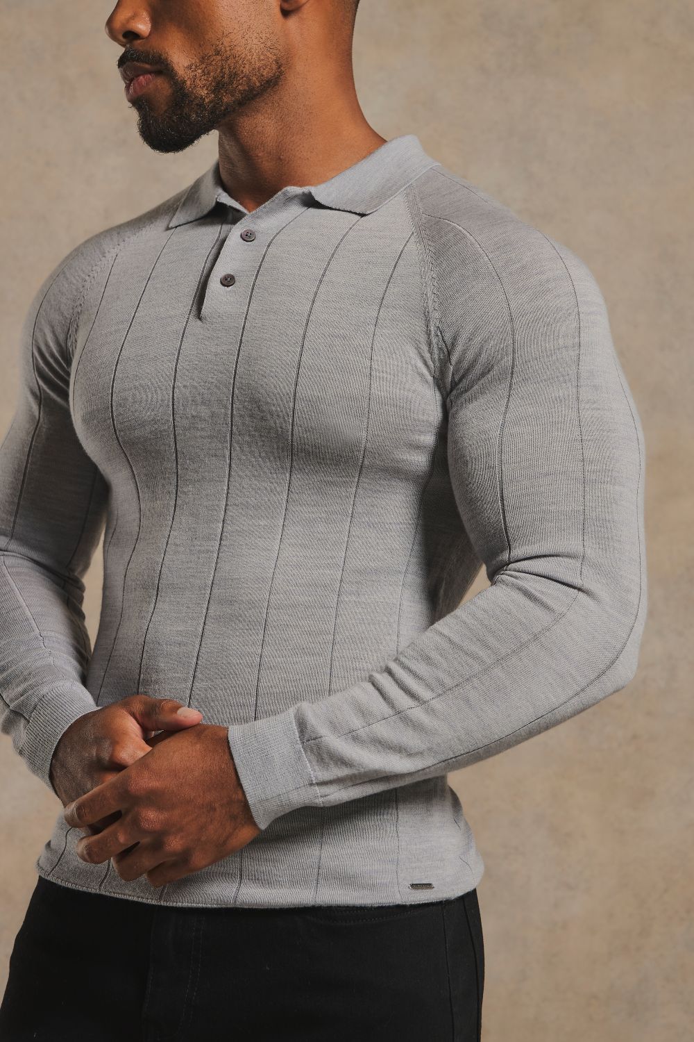 Extra Fine Merino Wool Wide Ribbed Polo Shirt in Silver Grey Marl