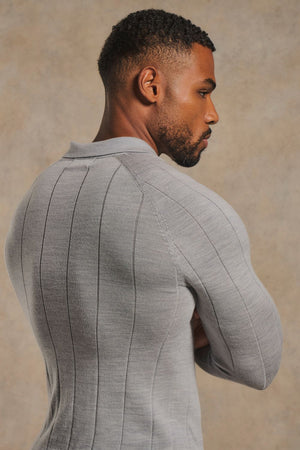 Extra Fine Merino Wool Wide Ribbed Polo Shirt in Silver Grey Marl