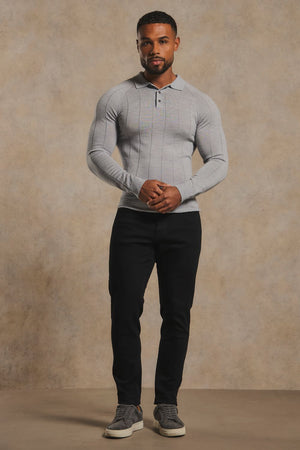 Extra Fine Merino Wool Wide Ribbed Polo Shirt in Silver Grey Marl