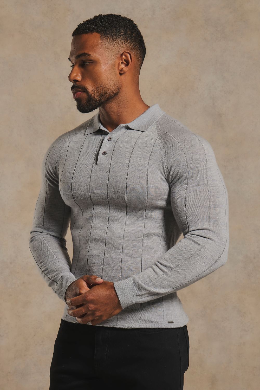 Extra Fine Merino Wool Wide Ribbed Polo Shirt in Silver Grey Marl