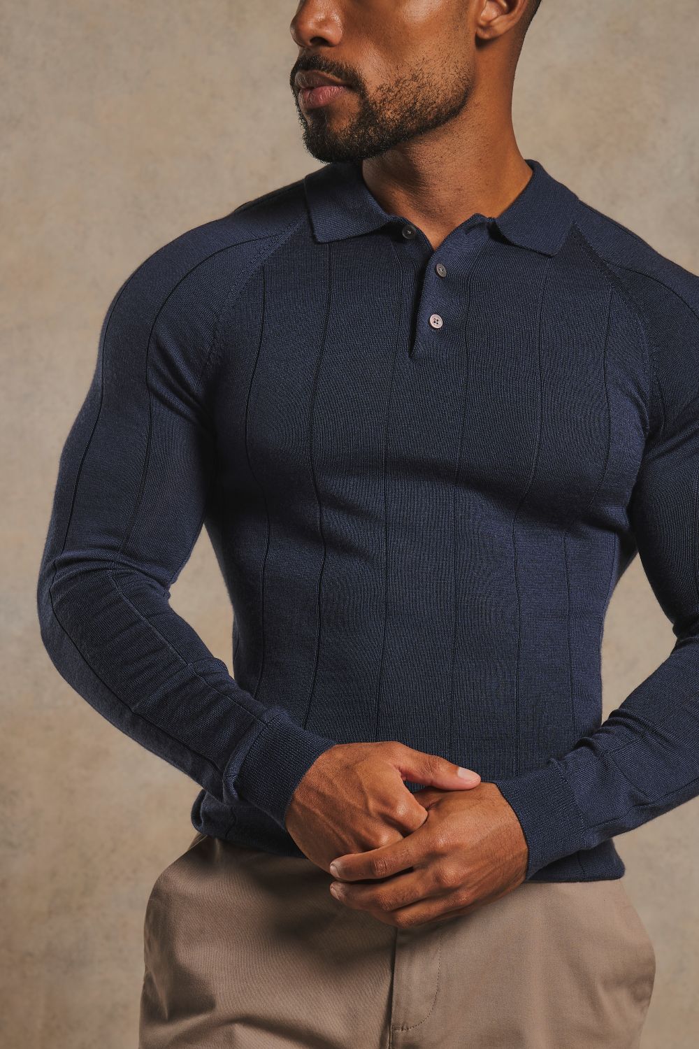 Extra Fine Merino Wool Wide Ribbed Polo Shirt in Midnight Navy