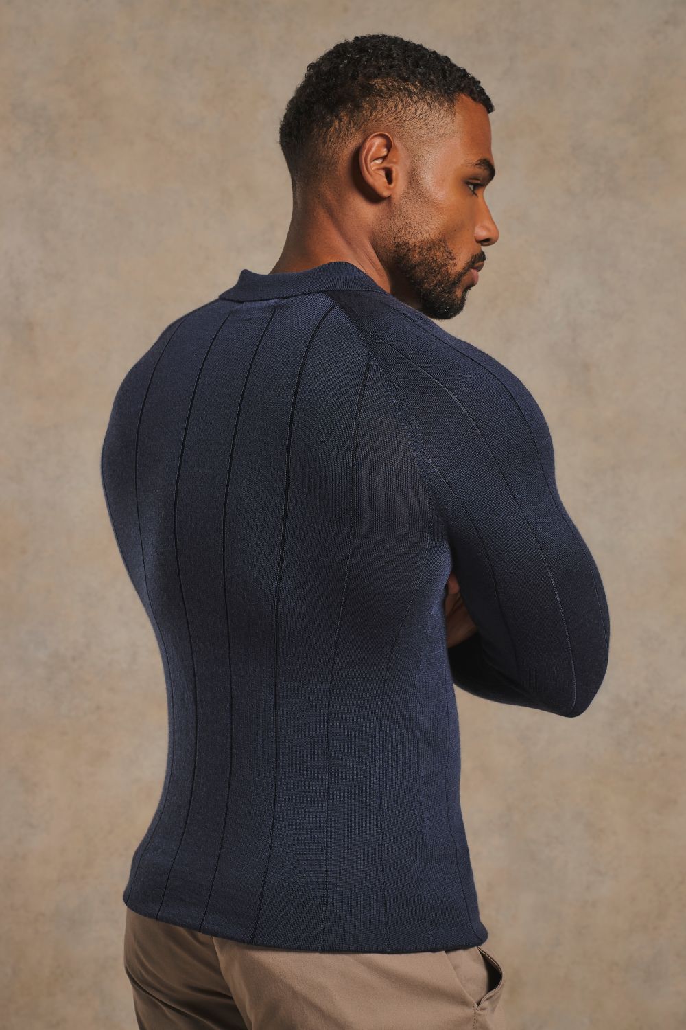 Extra Fine Merino Wool Wide Ribbed Polo Shirt in Midnight Navy
