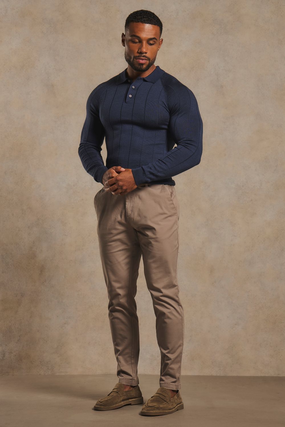 Extra Fine Merino Wool Wide Ribbed Polo Shirt in Midnight Navy