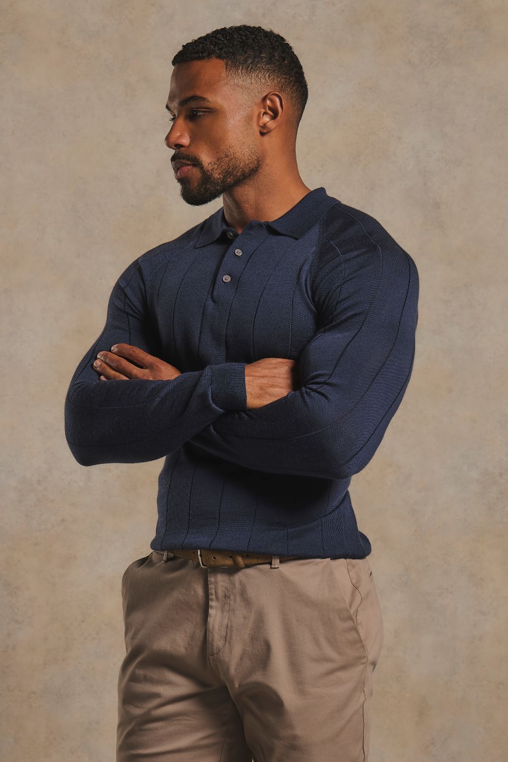 Extra Fine Merino Wool Wide Ribbed Polo Shirt in Midnight Navy