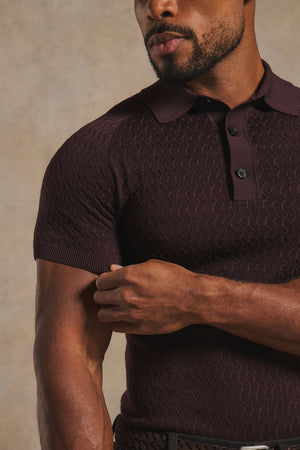 Mercerised Cotton Textured Knitted Polo Shirt in Dark Bordeaux
