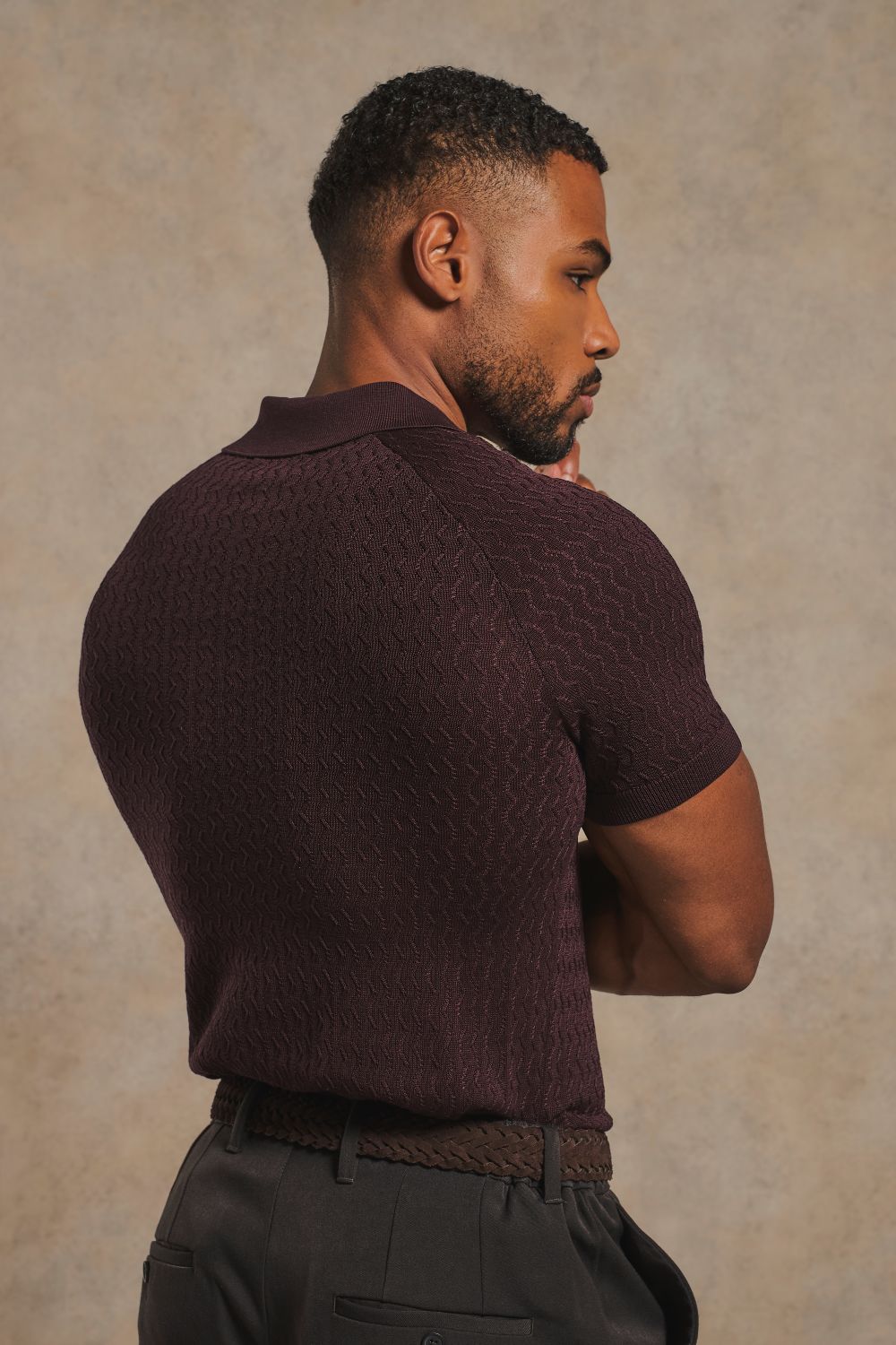Mercerised Cotton Textured Knitted Polo Shirt in Dark Bordeaux