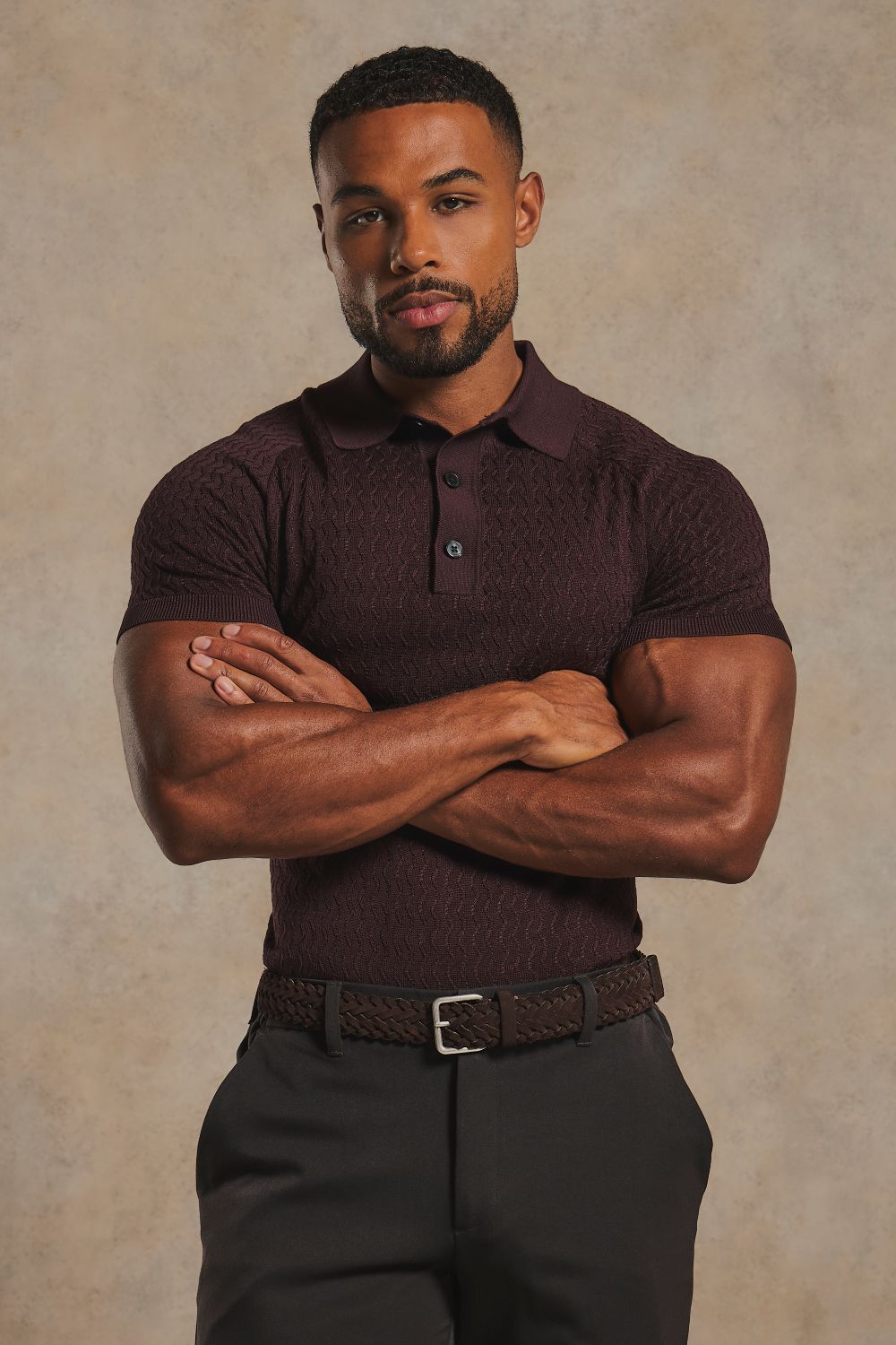Mercerised Cotton Textured Knitted Polo Shirt in Dark Bordeaux