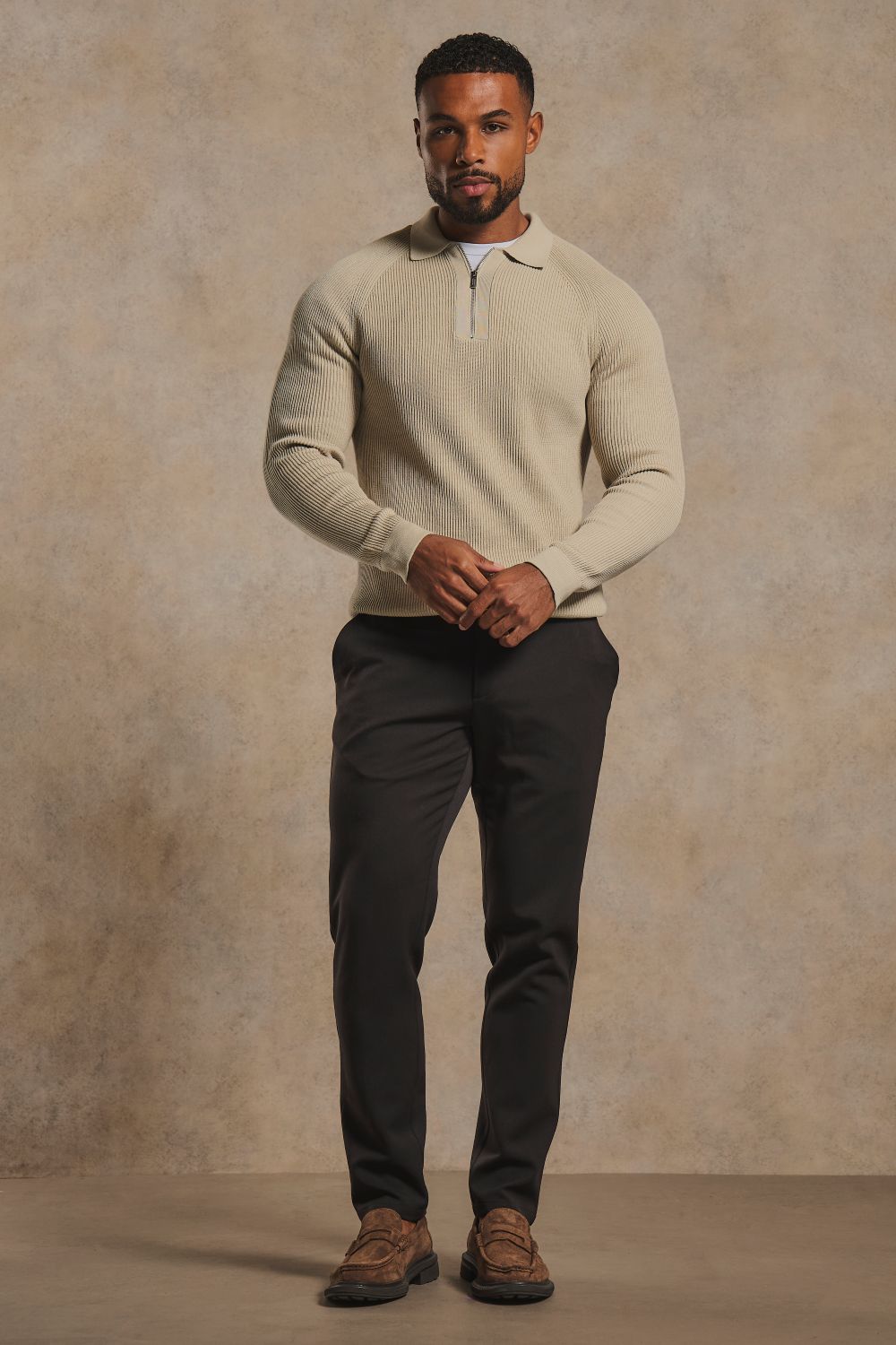 Cotton Textured Knitted Half Zip Polo Shirt in Neutral