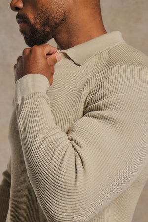 Cotton Textured Knitted Half Zip Polo Shirt in Neutral