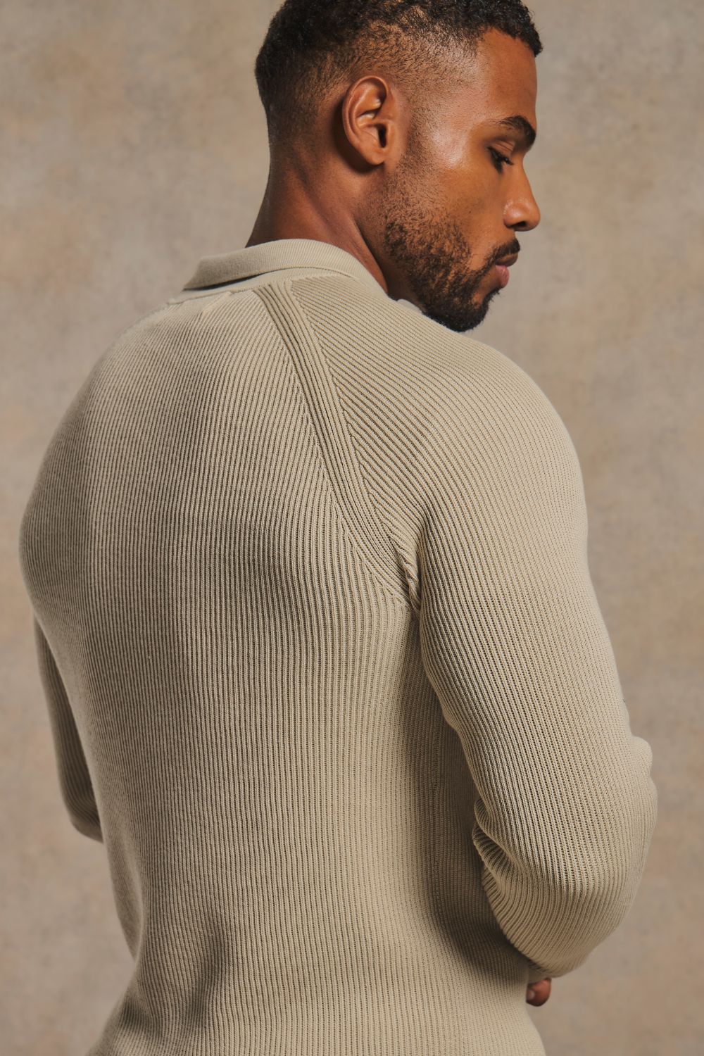 Cotton Textured Knitted Half Zip Polo Shirt in Neutral
