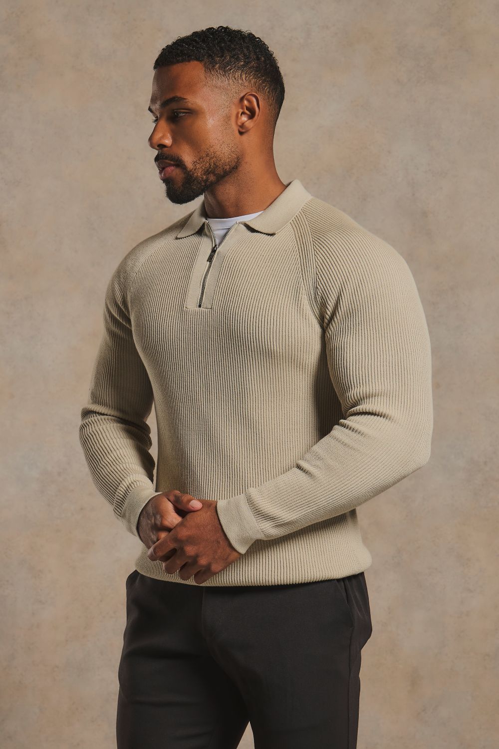 Cotton Textured Knitted Half Zip Polo Shirt in Neutral