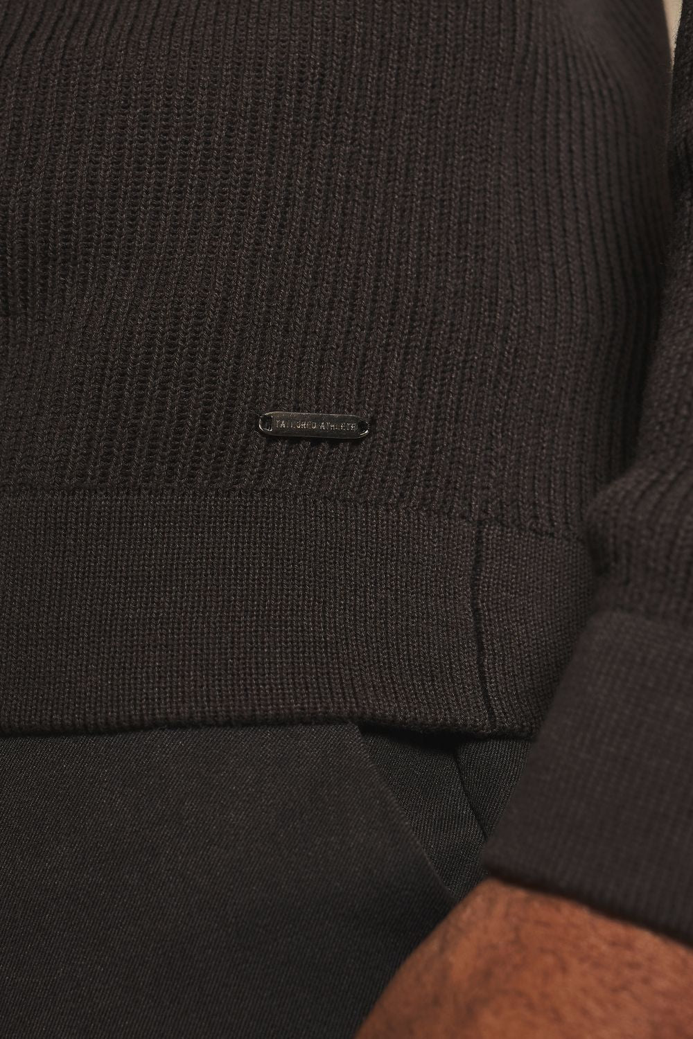 Cotton Textured Knitted Half Zip Polo Shirt in Chocolate