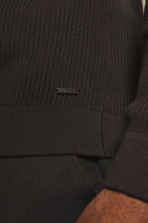 Cotton Textured Knitted Half Zip Polo Shirt in Chocolate