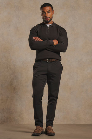 Cotton Textured Knitted Half Zip Polo Shirt in Chocolate
